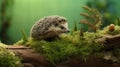 Hedgehog, native, wild European hedgehog on green moss covered blurred background. Generative Ai Royalty Free Stock Photo