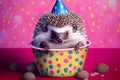hedgehog with party hat in bowl in front of pink patterned wallpaper, generative Ai