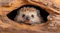 A hedgehog peeking out of a hole in the side of a tree, AI Royalty Free Stock Photo