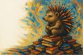 A hedgehog with pencil needles on a stack of books. Space for text. Royalty Free Stock Photo