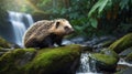 Hedgehog Perched on Mossy Rock near Forest Waterfall with Greenery Scenery Royalty Free Stock Photo