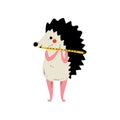 Hedgehog Playing Flute, Cute Cartoon Animal Musician Character Playing Musical Instrument Vector Illustration