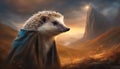 Hedgehog portrait. Fantasy hedgehog. Mystical landscape. Dramatic stage lighting. AI generated