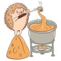 Hedgehog prepares cheese fondue isolate on a white background. Vector graphics