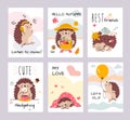 Hedgehog printable cards. Cute cartoon hedgehogs sleep, in love and welcome autumn. Woodland baby creatures, animals