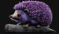 A hedgehog with purple eyes and a purple nose sits on a piece of wood.