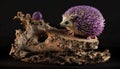 A hedgehog with purple eyes and a purple nose sits on a piece of wood.