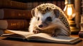 Adorable Hedgehog Reading a Book in a Cozy Library Royalty Free Stock Photo
