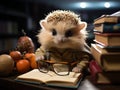 Hedgehog reading tiny book in library