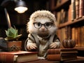 Hedgehog reading tiny book in library