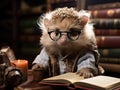 Hedgehog reading tiny book in library