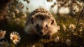 Hedgehog\'s Curious Exploration in a Blossoming Garden