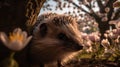 Hedgehog\'s Curious Exploration in a Blossoming Garden