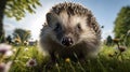 Hedgehog\'s Curious Exploration in a Blossoming Garden