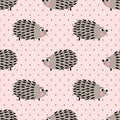 Hedgehog seamless pattern on pink polka dots background. Cute cartoon animal background.