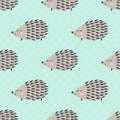 Hedgehog seamless pattern on polka dots background. Cute cartoon animal background.