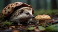 A Sweet Escape: Adorable Hedgehog Sheltering Under a Giant Mushroom in the Enchanted Forest Royalty Free Stock Photo