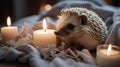 Cute Hedgehog Surrounded by Candles and Cozy Atmosphere in Soft Lighting Royalty Free Stock Photo