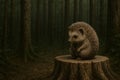 A hedgehog sitting on a stump in a dark forest. Space for text. Royalty Free Stock Photo