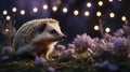 Hedgehog Portrait Amidst Enchanted Garden Flowers and Warm Bokeh Lights at Night Royalty Free Stock Photo