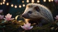 A Whimsical Hedgehog Amidst Blooming Flowers and Twinkling Lights at Night Royalty Free Stock Photo