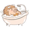 Hedgehog takes a bath isolate on a white background. Cute kawaii hedgehog. Vector graphics Royalty Free Stock Photo
