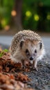 Hedgehog walking along a path surrounded by leaves in a serene forest setting during daylight hours Royalty Free Stock Photo