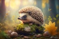 Hedgehog Walks in Forest .AI generated Illustration