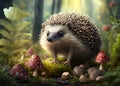 Hedgehog Walks in Forest .AI generated Illustration