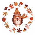 A hedgehog in a warm hat with a scarf and a mug with a hot drink. Autumn character. Animal, yellowing leaves of maple