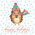 A hedgehog in a warm hat with a scarf and a mug with a hot drink. Cute character. Animal, lettering Happy holidays