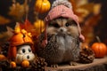 a hedgehog wearing a hat and holding a pumpkin