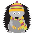 Hedgehog wearing hat, mittens and scarf. Animal sitting on its hind legs.