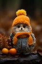 a hedgehog wearing an orange hat and scarf