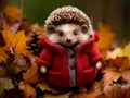 a hedgehog wearing a red sweater in the fall leaves