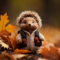 a hedgehog wearing a sweater and carrying a bag of leaves