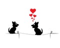 Dogs silhouettes on wire in love, vector. Dogs couple in love with red hearts illustration. Cartoon character isolated