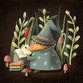 Hedgehog wizard with old magical books in the forest.