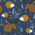 Colorful seamless pattern with happy hedgehogs, deers. Decorative cute backgroud with funny animals, garden