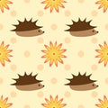 Hedgehogs and flowers on a background of polka dots. Seamless pattern. Royalty Free Stock Photo