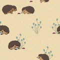 Hedgies exploring, Hedgehogs meeeting ladybugs on seamless vector pattern Royalty Free Stock Photo