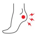 Heel pain thin line icon, body and painful, foot ache sign, vector graphics, a linear pattern on a white background.