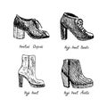 Heeled Oxfords, High Heel Boots, High Heel, High Heel Ankle, isolated hand drawn outline doodle, sketch, black and white vector Royalty Free Stock Photo