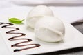 ÃÂ¡heese collection, balls on soft white mozzarella bufala cheese served with balsamic cream tomato and fresh basil white Royalty Free Stock Photo