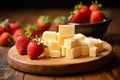 heese and strawberries on a wooden board, close-up, selective focus