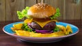 Heeseburger with beef cutlet, fresh vegetables and cheese with french fries Royalty Free Stock Photo
