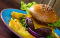 Heeseburger with beef cutlet, fresh vegetables and cheese with french fries Royalty Free Stock Photo