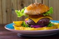 Heeseburger with beef, tomato, cheese, cucumber and french fries