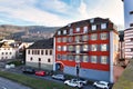 View from old bridge on resident buildings in city center with historical Heidelberg castle in background Royalty Free Stock Photo