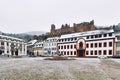 Heidelberg, Germany - Empty town square called `Karlsplatz` with snow in winter in historic city center of Heidelberg